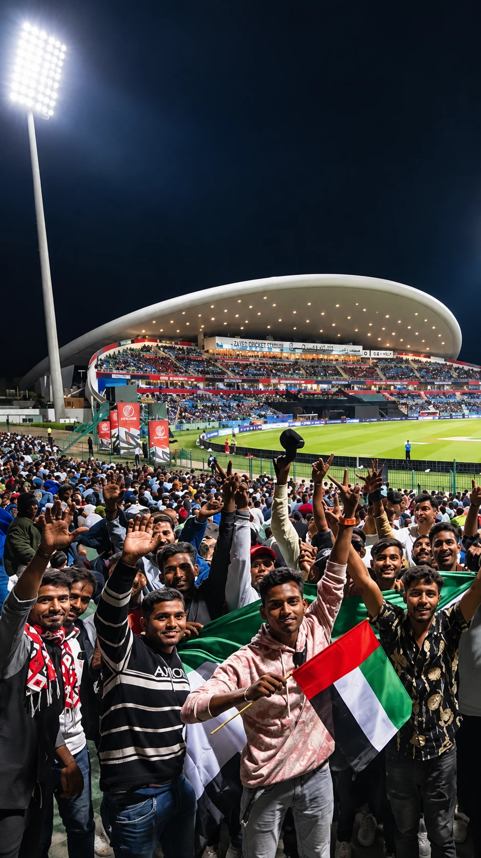 Fans waving UAE flags at Zayed Cricket Stadium