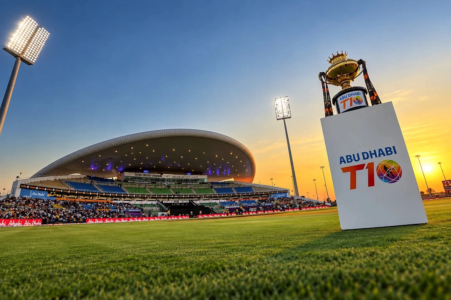 Abu Dhabi T10 trophy pitchside at sunset